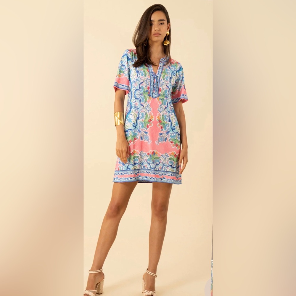 Hale Bob Coral Pink Shift Dress with Blue Floral Print.S. NWT.